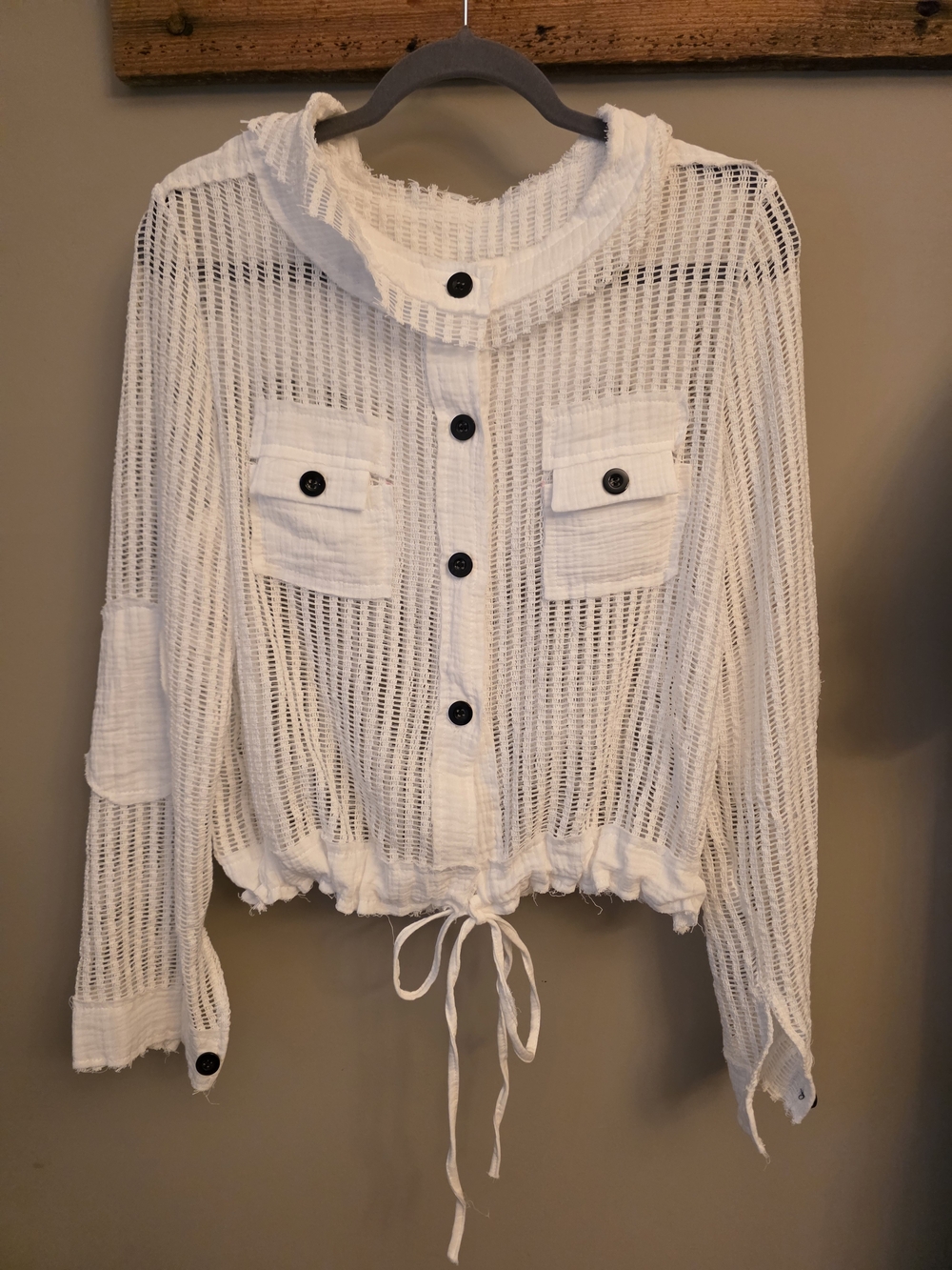 Sheer White Knit Button-Front Drawstring Jacket